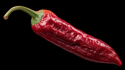 A single red chili pepper with a green stem is isolated against a stark black background plainness