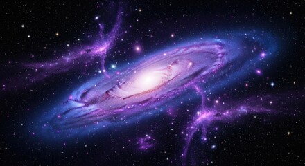 A spiral galaxy with a purple and blue color scheme, featuring a central nucleus and spiral arms.