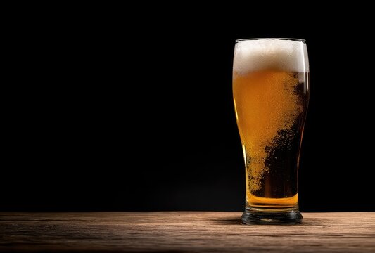 Tall glass of golden beer with creamy foam and fine rising bubbles on rustic wood against a deep black background, creating a clean dramatic scene ideal for bar menus, drink ads, and beverage branding