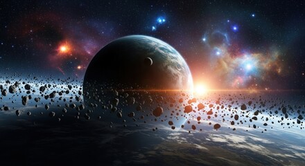 A vast expanse of space with a planet and numerous asteroids in the foreground.