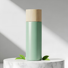 Minimalist Mint Green Cosmetic Bottle Mockup with Bamboo Cap on Marble Pedestal, Ideal for Beauty Product Display and Sustainable Branding Concepts