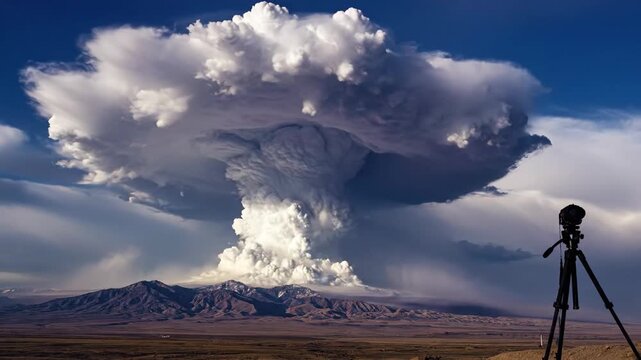 Dramatic Cumulonimbus Cloud Formation Towering Over Remote Mountains with Camera on Tripod