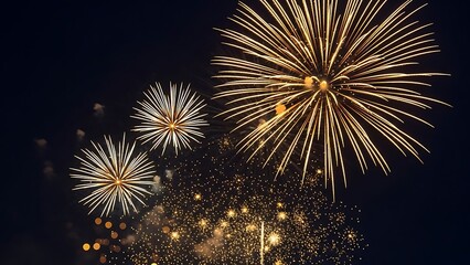 Golden fireworks explode in a dark night sky creating a dazzling display of light and celebration