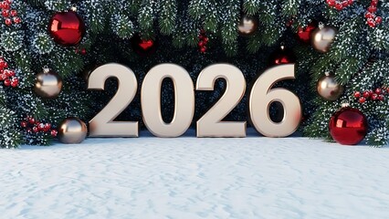 Large wooden numbers spelling out 2026 are displayed in front of a festive christmas tree decorated with ornaments and tinsel