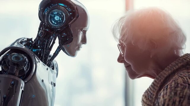 An elderly woman gazes thoughtfully at a lifelike robot, highlighting the evolving relationship between humans and intelligent machines. This image explores innovation in elder care and companionship