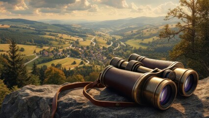 Vintage binoculars on a rocky outcrop overlooking a valley at sunset