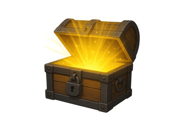 Treasure chest opening, radiating golden light and magic, illustrating discovery, reward, and fantasy concept, transparent background