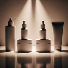 A minimalist mockup of blank white cosmetic packaging including bottles, jars, and a tube, illuminated by spotlights for a luxury skincare product presentation