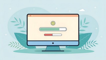 Smooth software upgrade loading on modern monitor with leafy background design