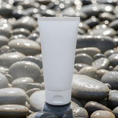 Blank cosmetic cream tube mockup on a natural background of wet stones. Skincare product packaging template for branding and design presentation