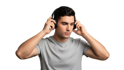 Fototapeta premium A Man Listening to Music with Headphones. A man focused while listening to music with headphones.