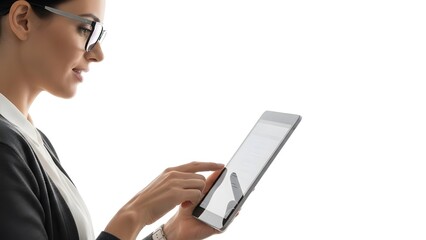 A businesswoman concentrates on using a tablet. She's dressed in formal attire