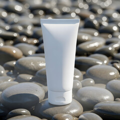 Photorealistic 3D render of a blank white cosmetic cream tube mockup resting on a bed of smooth wet sea pebbles for product presentation
