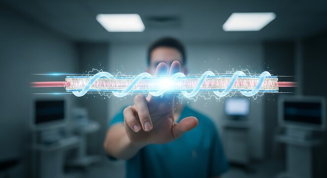 A male doctor in scrubs interacts with a luminous, floating DNA double helix hologram, showcasing the future of medicine, biotechnology, and genetic research