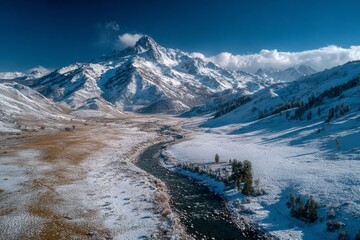 High panoramic view from a drone of a snow-covered valley and winding river, large open sky for typography. Generative AI