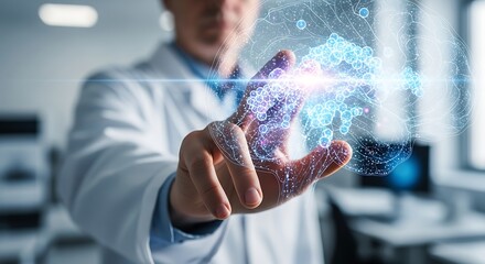 Scientist interacting with advanced futuristic holographic brain interface technology