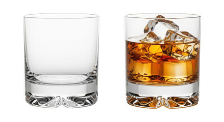 Set of two whiskey glasses, empty and with amber bourbon on a transparent background