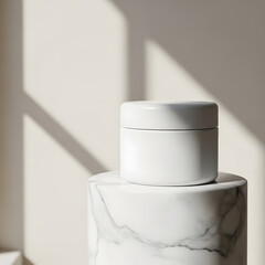 Elegant cosmetic product mockup featuring a white jar on a marble stand with beautiful window shadow play for branding