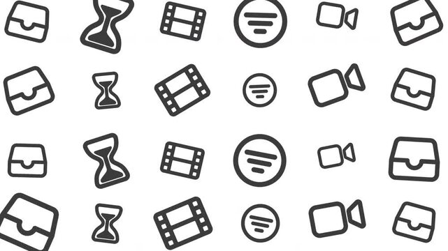 Seamless Pattern of Black and White Media Icons Featuring Film Reels, Cameras, and Sand Timers in Graphic Design