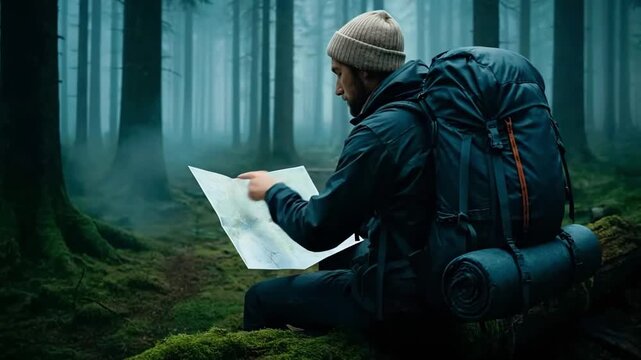 Solo backpacker reading a map on a mossy log in a misty forest, soft fog drifting between tall trees, cinematic adventure travel loop, generative AI