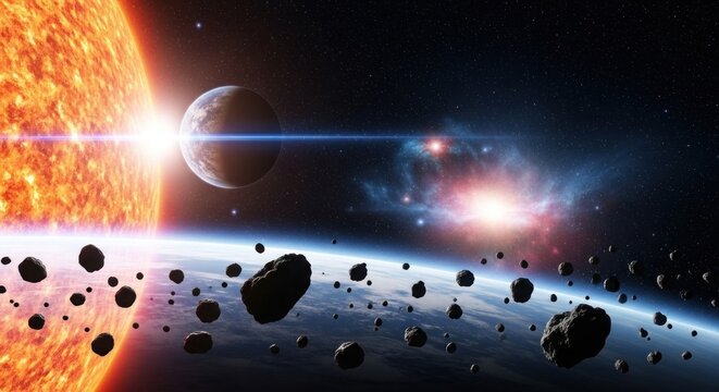A solar system with a sun, planets, and asteroids in space. - Powered by Adobe