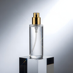 Clear glass spray bottle with a gold top, presented on a modern acrylic pedestal. Excellent for cosmetic, fragrance, and skincare product branding, packaging, and product mockups