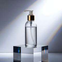 Clear liquid dispensed from a pump bottle, presented on a crystal pedestal with dramatic lighting