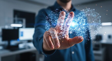 Human hand connecting with an illuminated abstract digital network, symbolizing advanced technology, data interaction, and future innovation in a modern connected world