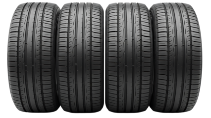 Four new car tires, lined up showing tread pattern and sidewall details, cutout, PNG isolated on white or transparent background