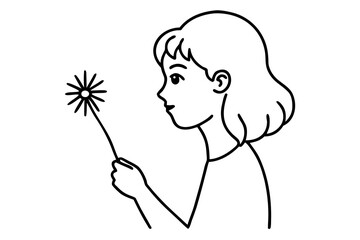 line art Girl blowing dandelion silhouette vector illustration isolated on white background