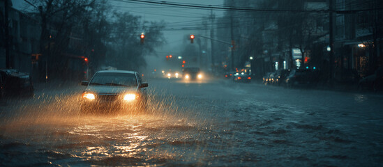 car flooded in urban city streets