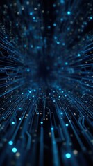 Blue digital data streams and particles tunnel, futuristic technology and internet network background, vertical 9:16 mobile wallpaper background