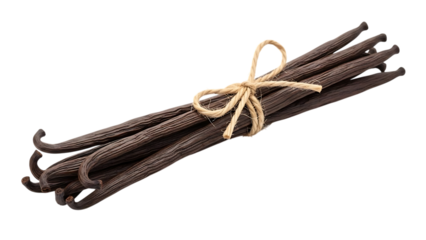 Bundle of dark brown vanilla beans, tied with natural twine, cutout, PNG isolated on white or transparent background