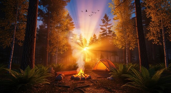 A serene camping scene with a tent, campfire, and birds in the forest at sunset. - Powered by Adobe