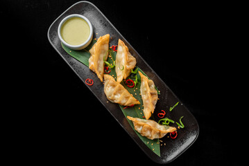 Golden pan-fried Asian dumplings (gyoza, jiaozi, potstickers) served on a black plate with a white dipping sauce, garnished with chili and green onions, against a dark background.