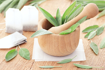 Clary sage leaves in wooden mortar for spices with fresh and dry herbal leaves on wooden rusric table, closeup,natural green medicine concept