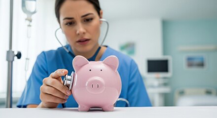 A nurse examining a piggy bank with a stethoscope in a hospital setting.