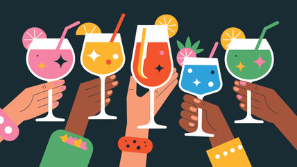 Diverse hands holding colorful cocktails in a celebratory toast featuring various drinks with garnishes and straws against a dark background perfect for party or social gathering themes