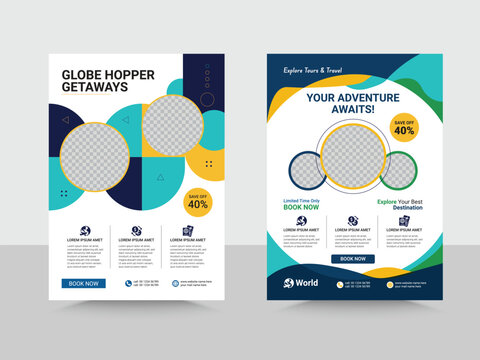 Travel Vacation Tour Agency Flyer Template, airplane and globe, camera, travel bag, travel journal, passport and tickets. 