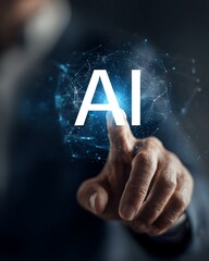 Man Touching Illuminated Ai Text Displayed on Digital Interface with Dark Blue Background