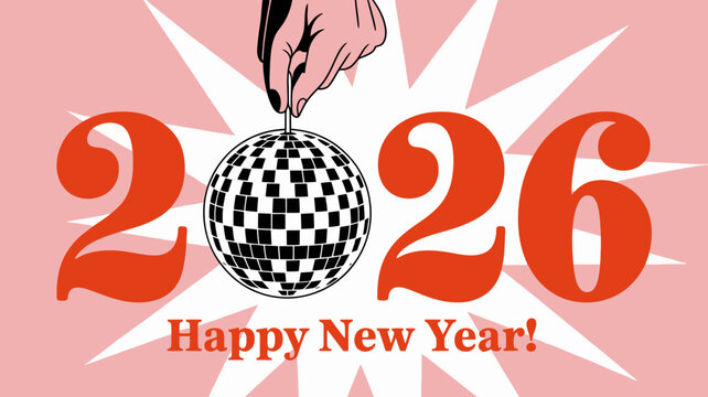 Celebrate the arrival of 2026 with a dazzling disco ball and a festive happy new year message set against a starburst background perfect for new year s eve invitations and celebratory designs