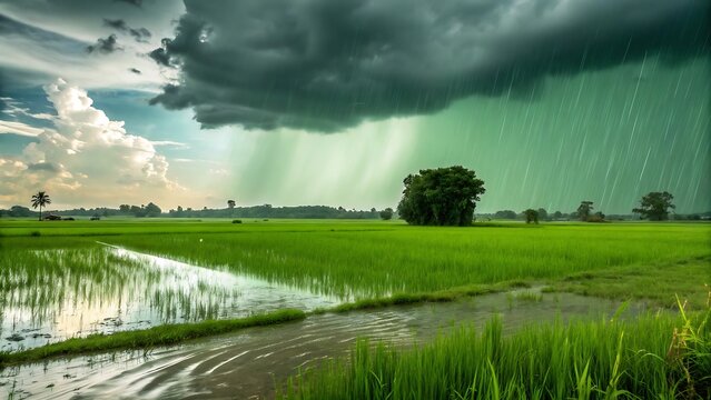 Monsoon rain falling heavily on a lush green paddy field