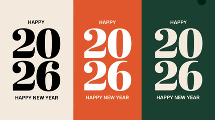 Modern and stylish graphic design featuring the year 2026 in bold typography with happy new year text on a tri color background of cream orange and dark green