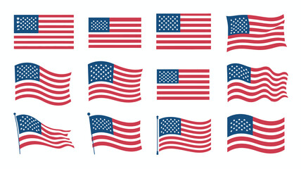 Collection of american flags in various poses and styles showing patriotism and national pride representing the united states of america