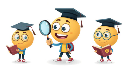 Emojis back to school characters clipart set. Back to School emoji 3d character clip art wearing mortarboard, magnifying glass and book with winking, searching and curious facial expression vector