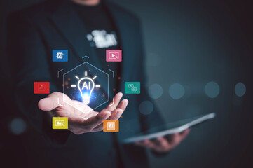 Businessman holding digital AI icons in hand, representing artificial intelligence, innovation, technology solutions, and data management in modern business and digital transformation.