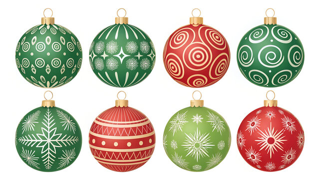 Christmas balls printed and pattern clipart set. Green and red xmas ball decoration elements clip art with spiral, curve, snowflakes and star graphic design collection for holiday season vector 