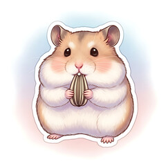 A cute, fluffy hamster with rosy cheeks is holding a sunflower seed in its paws and eating it.