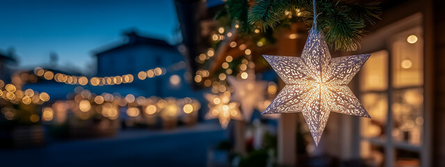 Illuminated star decoration amidst bokeh lights during evening hours