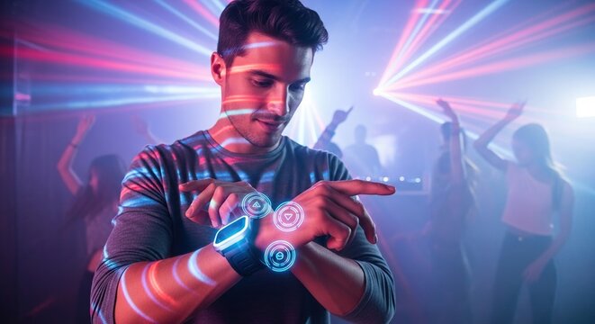 Man interacting with holographic interface on smartwatch at a party with laser lights
